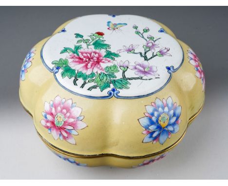 A modern Chinese enamel box and cover of petal outline, yellow ground decorated with flowers, flora and fauna decoration to t