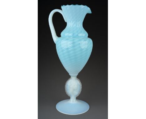 An Italian blue and vaseline glass ewer, lattice and swirl decoration, rope twist handle, the stem moulded with a classical f