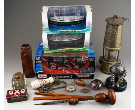 Collection of collectables to include model ships, miners lamp, ink well, Michelin man figure, model car, light pull etc. ( 1