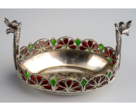 MARIUS HAMMER - a Norwegian silver and plique-a-jour enamel Viking boat salt, with dragon-head handles, length 5.5 cm , marks