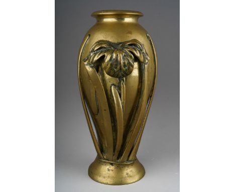 An early 20th Century Japanese bronze baluster vase, the body applied with an Iris and foliage in high relief, character mark