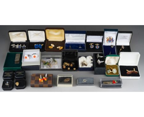 A pair of 9ct gold masonic cufflinks (4.8g) and various other silver and base metal cufflinks, shirt studs, Calibri lighter, 