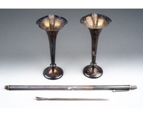 A pair of Edwardian silver bud vases, crimped rims, loaded circular bases, makers James Dixon &amp; Son, Sheffield 1904, toge