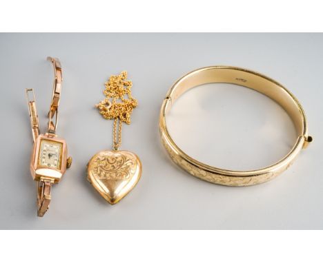 9 ct gold ( with metal core) bangle ( 15g), 9 ct back and front heart locket on chain and ladies 9n ct gold faced wristwatch 