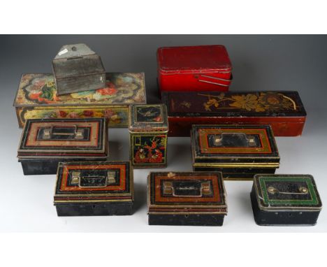 A collection of vintage money tins some with gilt banding together with Chinoiserie tin tea caddy and lacquered box (1 box - 