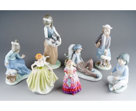 A collection of seven ceramic figures to include: 1. Lladro 1309 - Girl with Cat and Kittens2. Lladro - Girl with satchel and