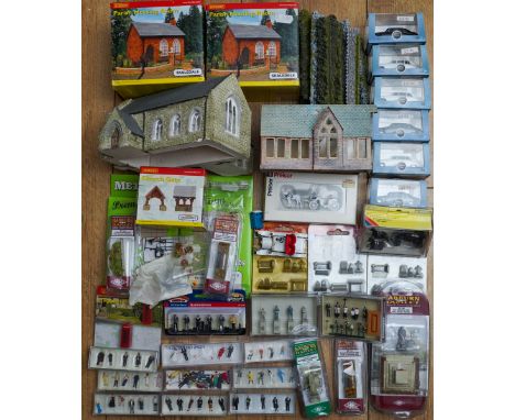 A Hornby model railway Skaledale model Church (unboxed) together with boxed R8557 Parish Meeting Room x 2, R8554 Church Gate 