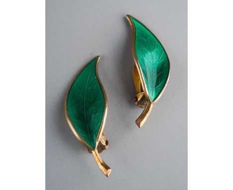 David Anderson silver and green enamel leaf clip on earrings, marked to back