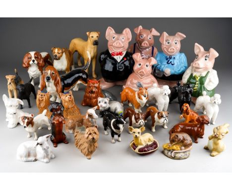 Two boxes of various porcelain animals including Beswick dogs ad other animals together with 5 Wade Natwest pigs