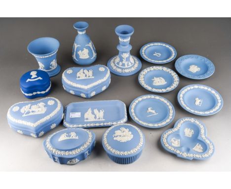 A collection 20th Century Neo-Classical style Wedgwood blue jasparware to include: a pair of heart shaped boxes and covers, t