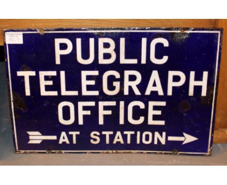 Original enamel sign Public Telegraph Office at Station, double sided