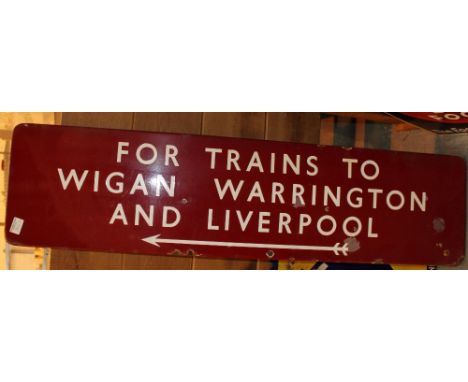 Enamel railway direction sign to Warrington, Wigan and Liverpool