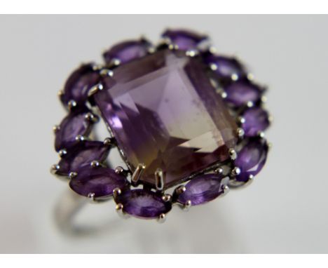 9 ct white gold large amethyst set ring, size O