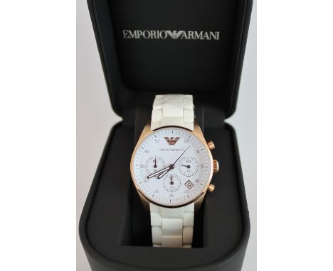 Boxed new Emporio Armani gents watch, chronograph with white face and ceramic strap. New and boxed