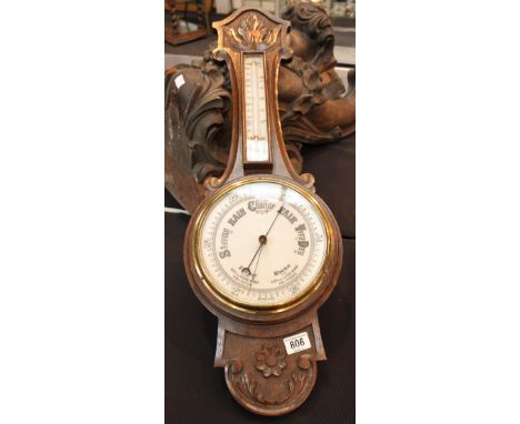 Arts & Crafts style banjo aneroid barometer thermometer carved wood surround glass A/F. 80 cm.