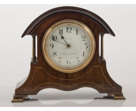 Edwardian mantel clock, domed mahogany case, with brass columns and ogee bracket feet, boxwood stringing, circular painted di