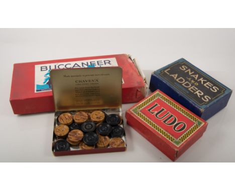 Box of board games and playing cards, "Buccaneer" draughts, dominoes, brass darts, a Metropolitan whistle, etc