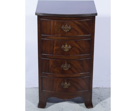 Reproduction mahogany bow-front bedside pedestal, the top with broad crossbanding, reeded edge, fitted with four drawers, sha