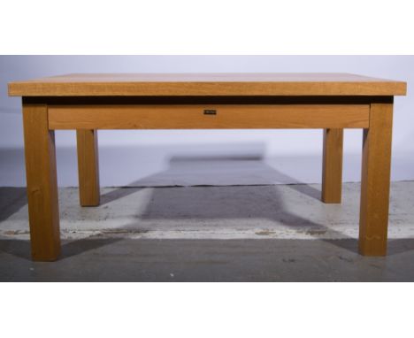 Contemporary light oak table, rectangular top, square block supports, width 162cm, depth 80cm, height 60cm.