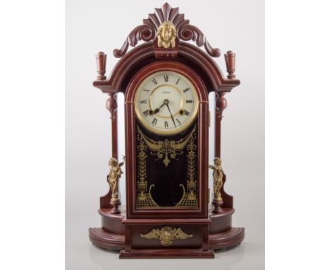 Reproduction mahogany effect cased shelf clock, circular dial with Roman numerals, signed Highland, spring-driven movement, s