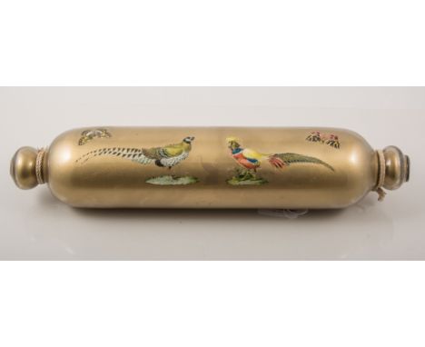 Regency gold-ground glass rolling pin, internally decorated with Amherst pheasants and butterflies, 40cm.