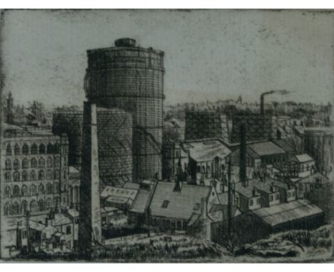Neville Adams, Rooftops, monochrome etching, 15cm x 20cm, pencil signed, '50; and another industrial scene, plus one other. (