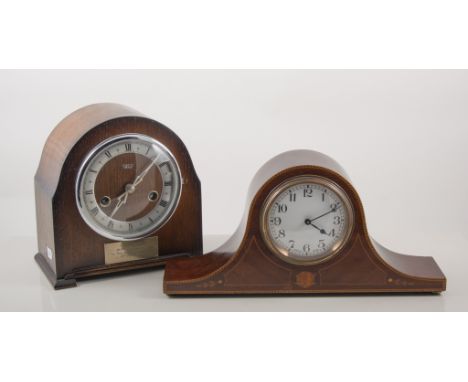 Inlaid mahogany shelf-clock, and another Napoleon hat style clock with inlaid stringing, eight day movement, (2)