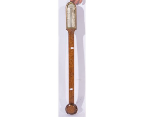 Victorian oak stick barometer, silvered chart, inscribed Agricultural Barometer and Hygrometer, Minoretti, Leicester, turned 