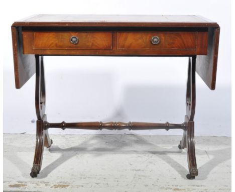 Reproduction Regency, sofa table, tan tooled leather inset top, two frieze drawers, lyre shaped supports, width 90cm x depth5