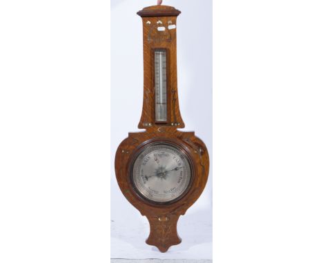 Edwardian inlaid oak aneroid barometer, Art Nouveau style, 87cm.