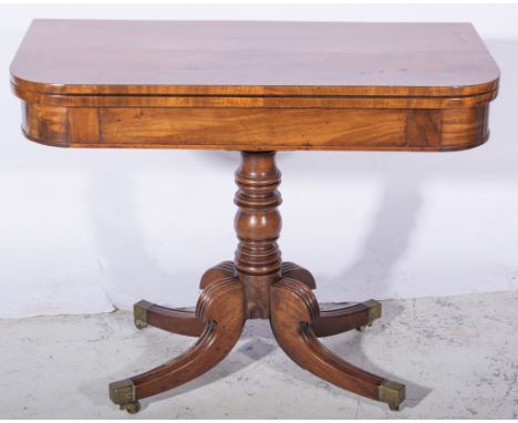 Victorian mahogany card table, rectangular foldover top with rounded corners, plain frieze, turned and ringed column on four 