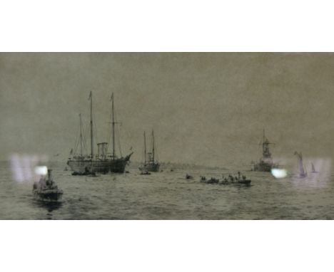Rowland Langmaid, "Shipping off the Coast", etching, signed in pencil, 16cm x 31cm.