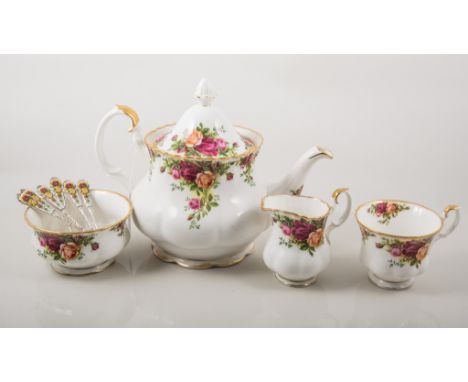 Royal Albert, 'Old Country Roses', a 6-place tea service, including teapot, cups/ saucers, tea plates; one cream jug, sugar b
