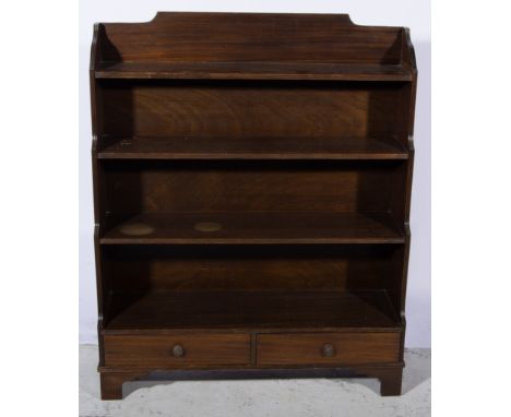 Modern mahogany waterfall bookcase, three fixed shelves, two drawers, below, bracket feet, width 93cm, depth 31cm, height 111