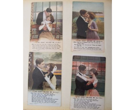 Two large and three small albums of postcards, embroidered First World War cards, Bamforth & Co "Songs Series" "Hymns" etc, 1