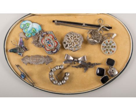 A collection of vintage jewellery, micro mosaic brooch, silver "Miriam" brooch hallmarked Birmingham 1895, paste set horsesho