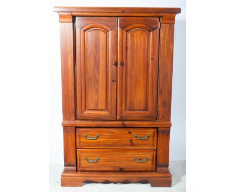 Reproduction stained wood side-cabinet, rectangular top with a moulded edge, two arched panelled doors, enclosing a fitted in