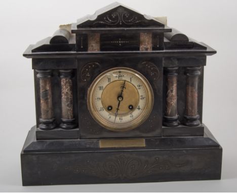 Black slate mantel clock, architectural form, mounted with presentation plaque Oxford Royal Regatta 1913, 33cm high, with key