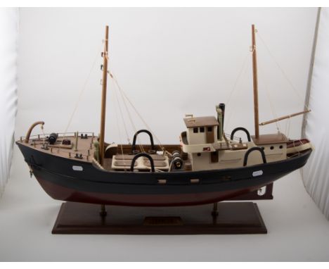 Handmade and painted model trawler, 76cm, plinth base.