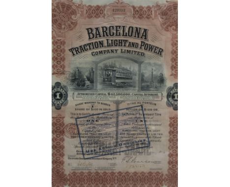 Seven framed share certificates, with decorative illustrations to include:- "Barcelona Traction, Light and Power Company 1914