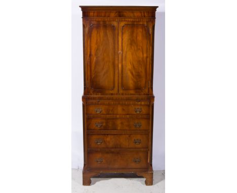 Mahogany cocktail cabinet, cupboard over a slide and four drawers, bracket feet, W61cm x D46cm x H156cm.