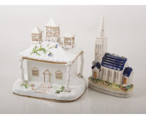 Large Staffordshire pastille burner, 22cm, a Staffordshire pottery model of a church, and a painted Parianware box and cover,