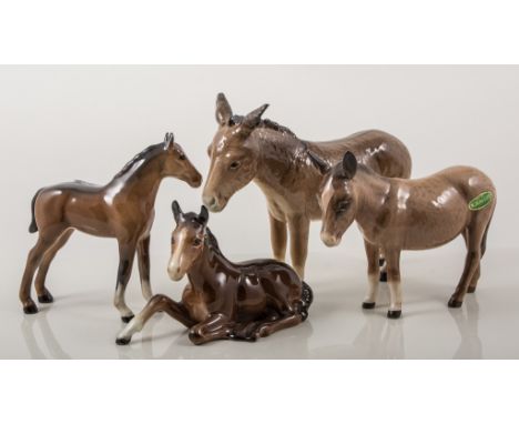 Beswick pottery model of a donkey, model 2267, height 14cm, another Donkey, model 1364B; and five other Beswick pottery model