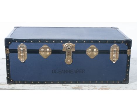 Large rectangular canvas bound shipping trunk, 93cm.