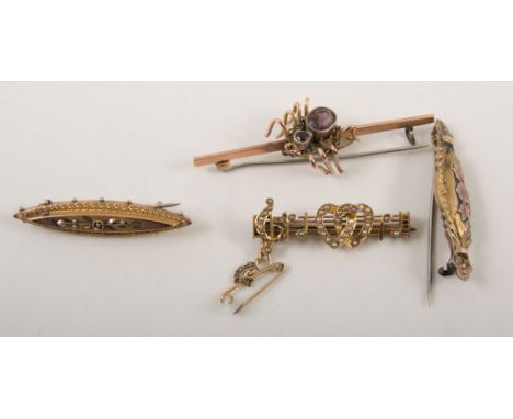 Four vintage yellow metal bar brooches, interlocking seed pearl hearts, a spider on a bar stamped 9ct (metal pin), two small 
