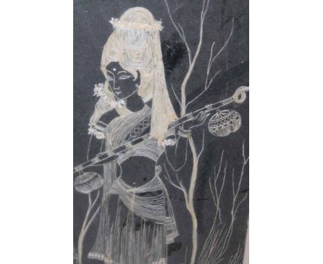 MIXED MEDIA BAMBOO PRINT,
depicting lady in a wooded area 
61cm x 41cm
Mounted, framed and under glass