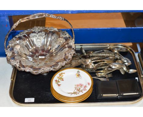 TRAY WITH DECORATIVE EP BASKET, ROYAL WORCESTER SAUCERS, GLASS SLIDES &amp; ASSORTED CUTLERY INCLUDING SILVER SPOONS ETC     