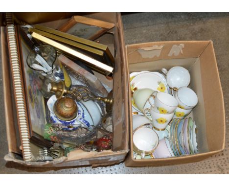 2 BOXES WITH MIXED CERAMICS &amp; GLASS WARE, ASSORTED TEA WARE, FRAMED PICTURES, MANTLE CLOCK, DECORATIVE VASES ETC     