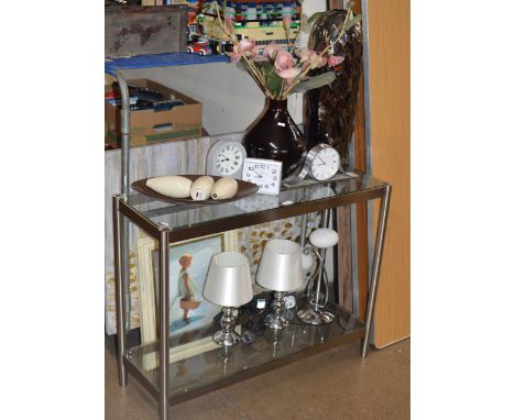 MODERN GLASS CONSOLE TABLE, MODERN PICTURE, 3 VARIOUS LAMPS, VARIOUS DECORATIVE VASES, CLOCKS ETC     