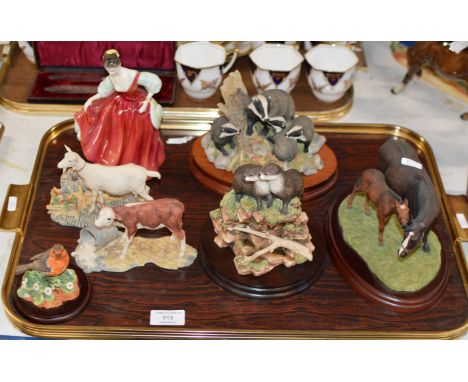 TRAY WITH VARIOUS BORDER FINE ART ANIMAL ORNAMENTS, ROYAL DOULTON FIGURINE ETC     